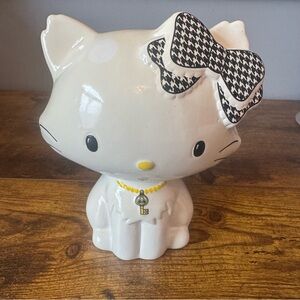 2014 Sanrio Charmmy Kitty Ceramic Coin Bank Houndstooth Bow Yellow Key 7″ Rare